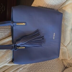 Joy & Iman Leather Periwinkle Tote Bag with Removeable Organizer and 2 Bonuses!